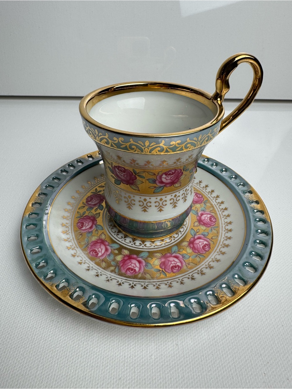 KPM Porcelain Floral Cup & Saucer Set 2pc Gold Trim Handle Printed